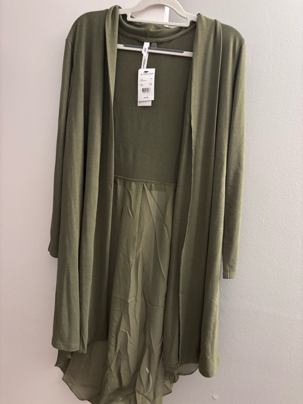 NY Collection Olive Green Draped Open-Front Cardigan